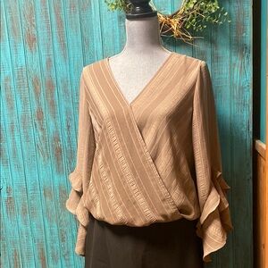 New York & Company Tan Ruffled Wrap Blouse with 3/4 Sleeves medium